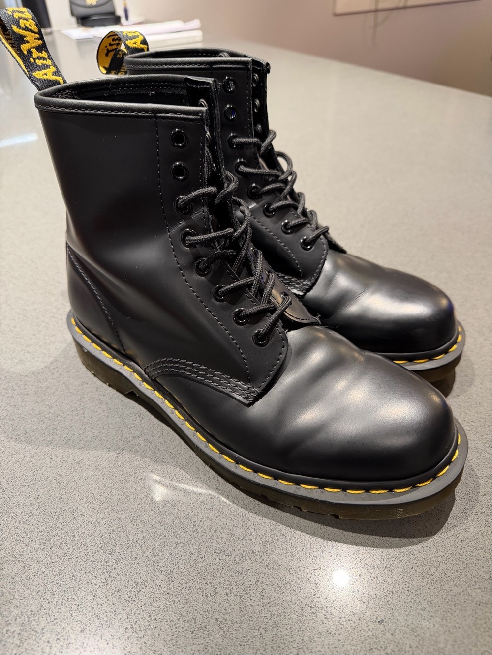 Dr. Martens 1460 Black Leather 8-Eye Lace-Up Boots with Yellow Stitching
